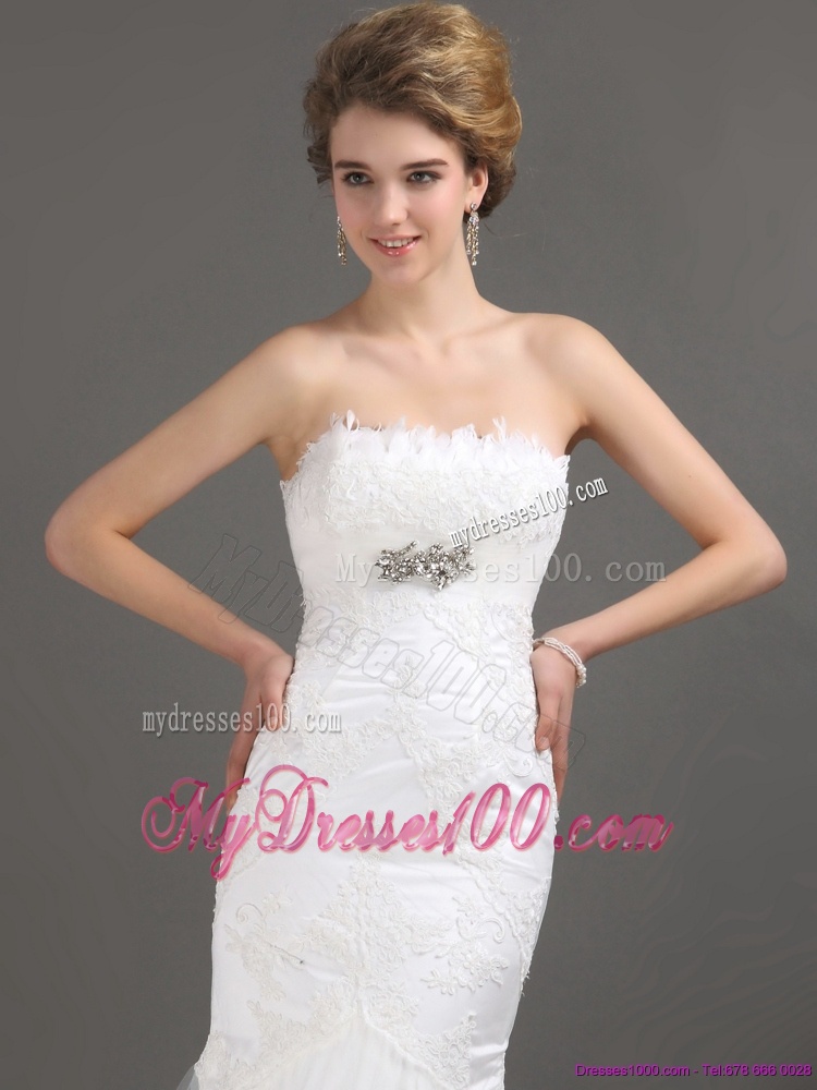 White Strapless Lace Wedding Dresses with Beading and Brush Train