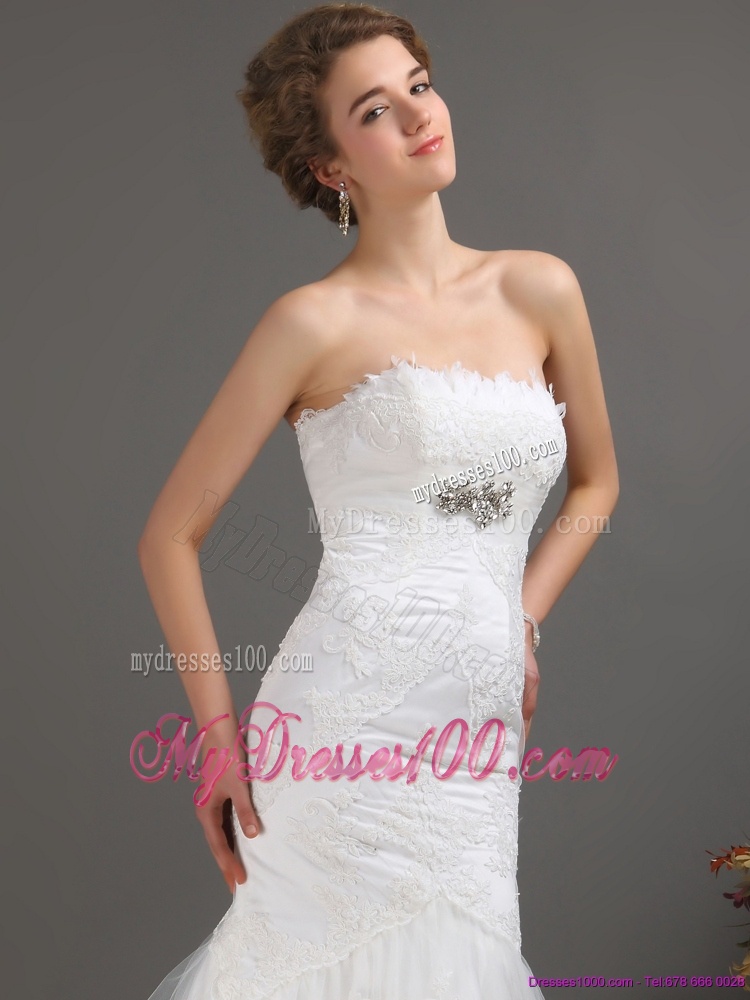 White Strapless Lace Wedding Dresses with Beading and Brush Train