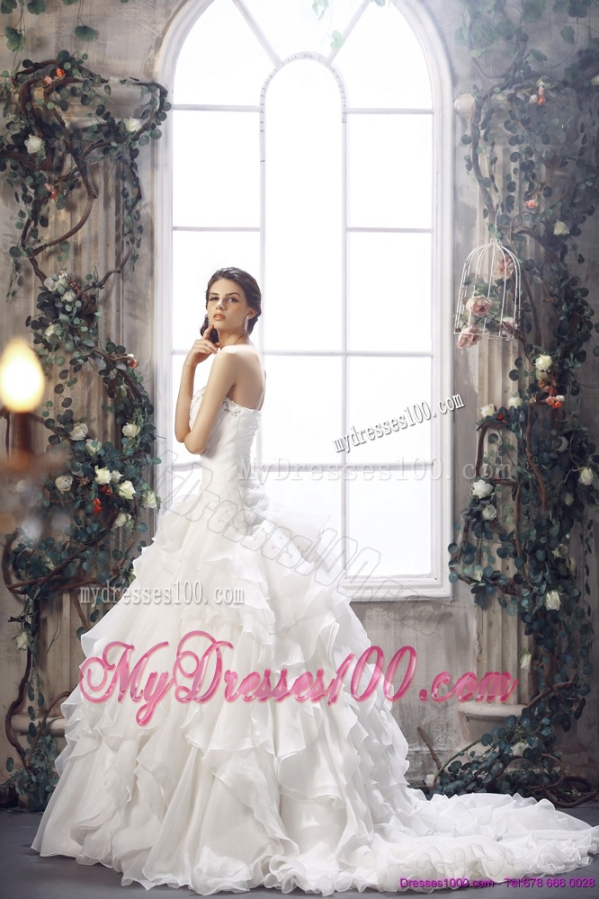 White Strapless Ruffled Wedding Dresses with Chapel Train and Beading