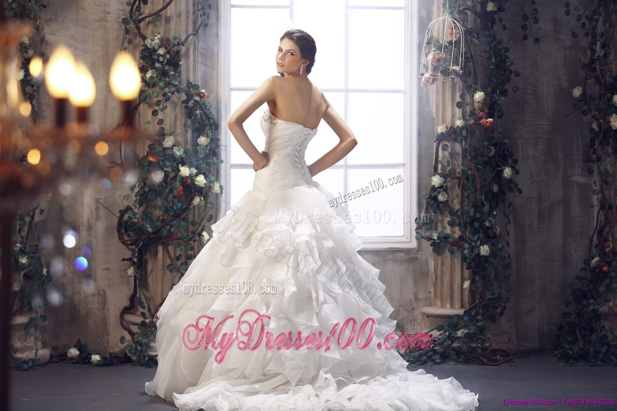 White Strapless Ruffled Wedding Dresses with Chapel Train and Beading
