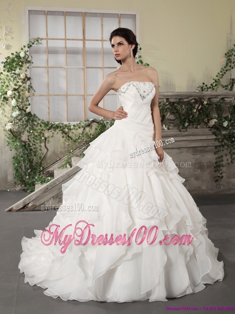 White Strapless Ruffled Wedding Dresses with Chapel Train and Beading