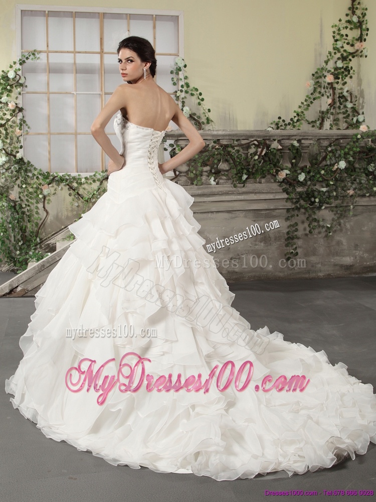 White Strapless Ruffled Wedding Dresses with Chapel Train and Beading