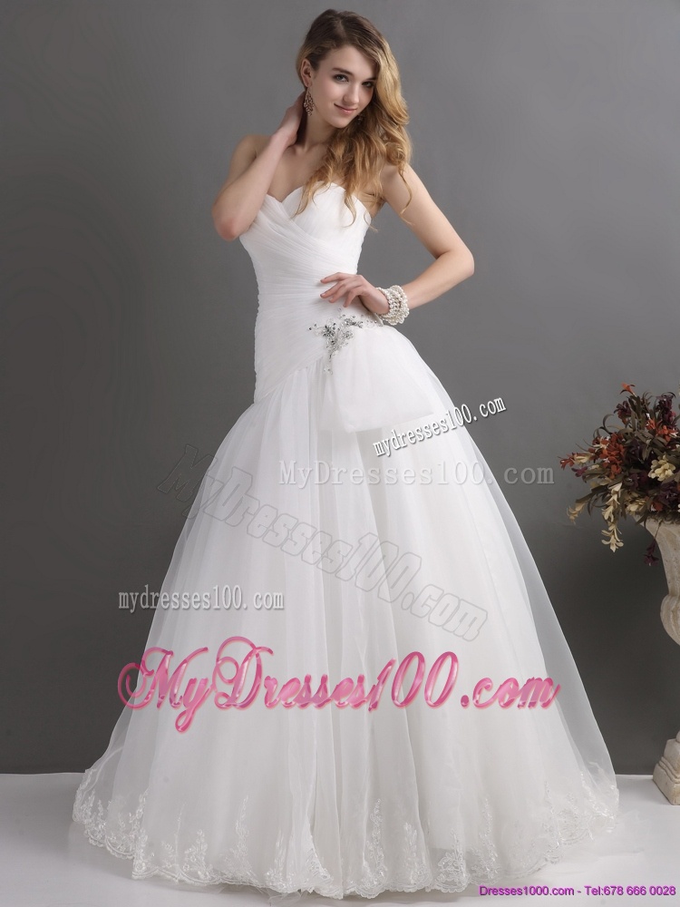 White Sweetheart Lace and Ruching Bridal Gowns with Brush Train