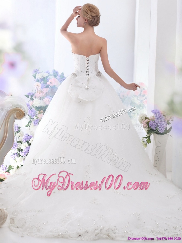 White Sweetheart Rhinestones Wedding Dresses with Brush Train