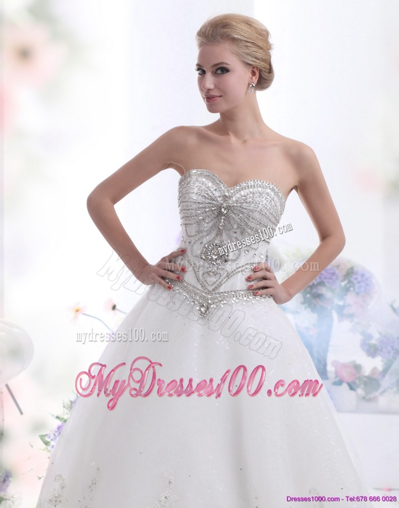 White Sweetheart Rhinestones Wedding Dresses with Brush Train