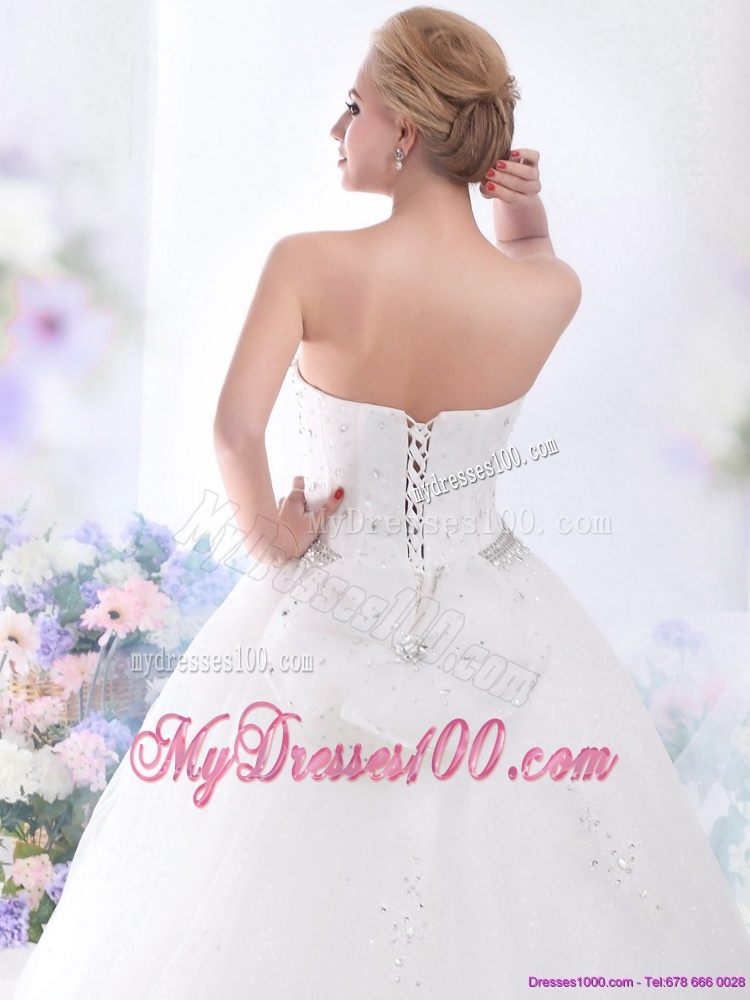 White Sweetheart Rhinestones Wedding Dresses with Brush Train