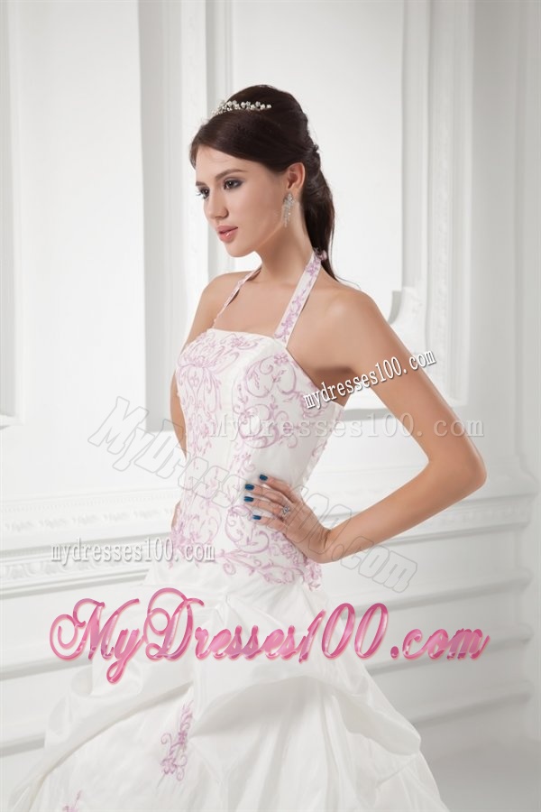 Elegant Halter Top Court Train Wedding Dress with Embroidery and Pick-ups