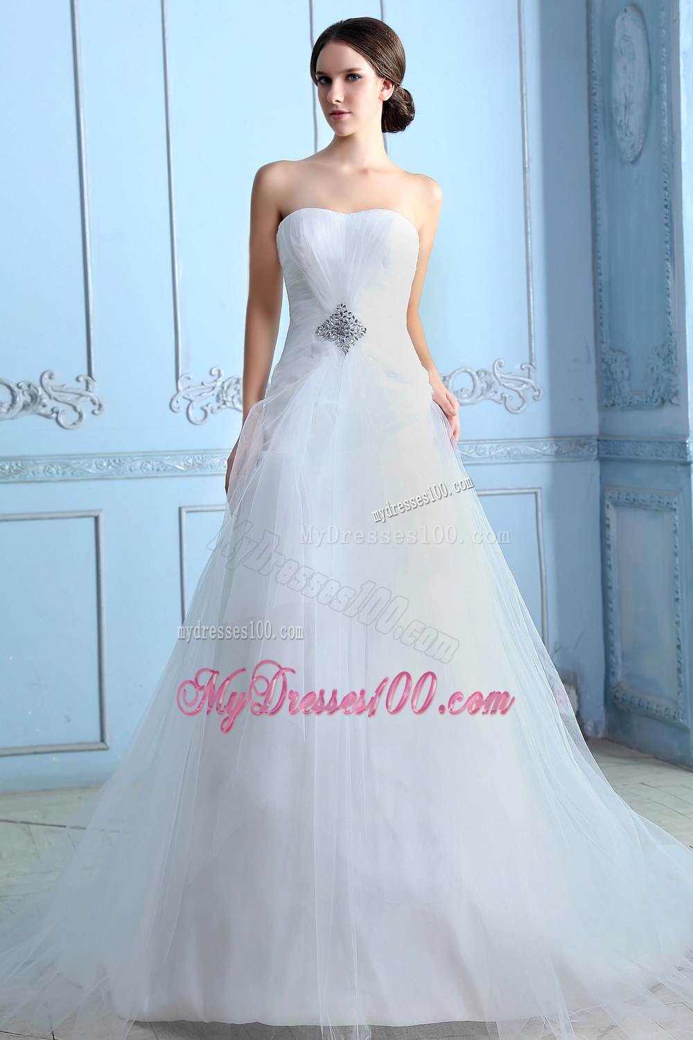 Pretty A-line Strapless Court Train Tulle Beading Wedding Dress