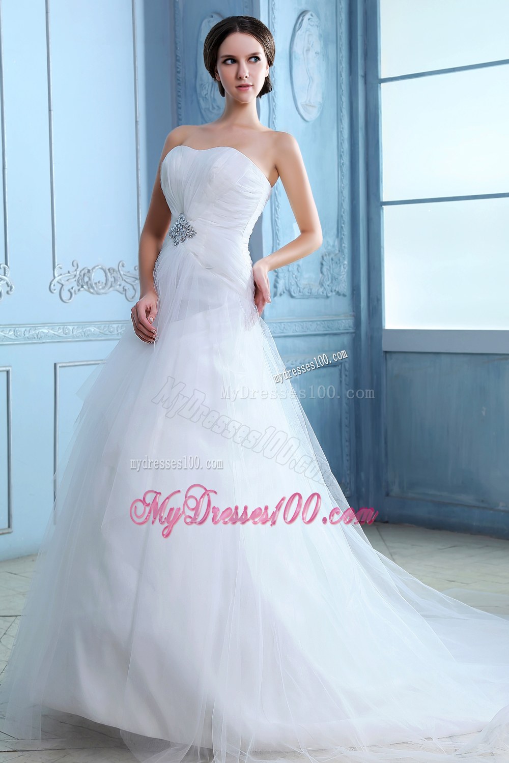 Pretty A-line Strapless Court Train Tulle Beading Wedding Dress