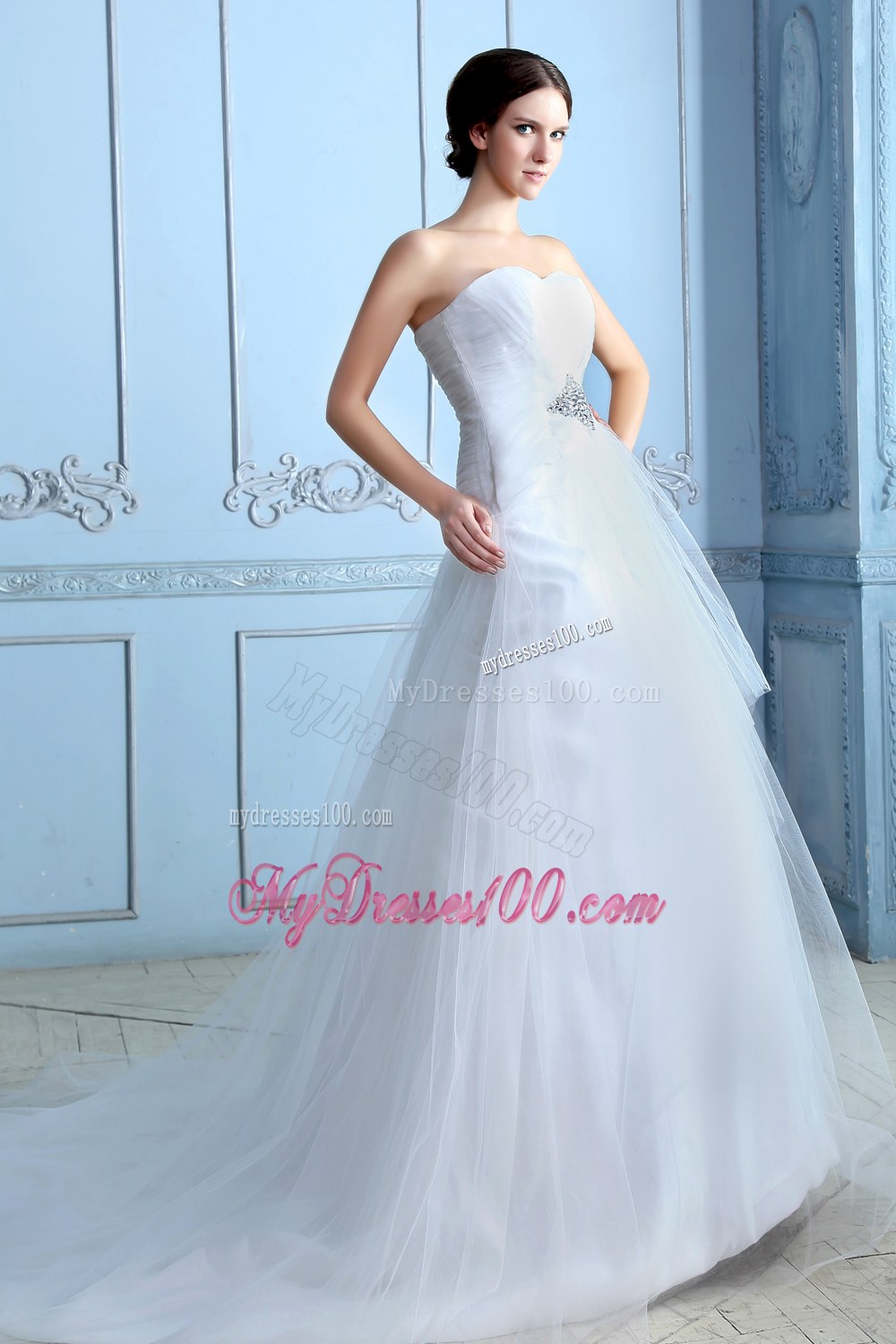 Pretty A-line Strapless Court Train Tulle Beading Wedding Dress