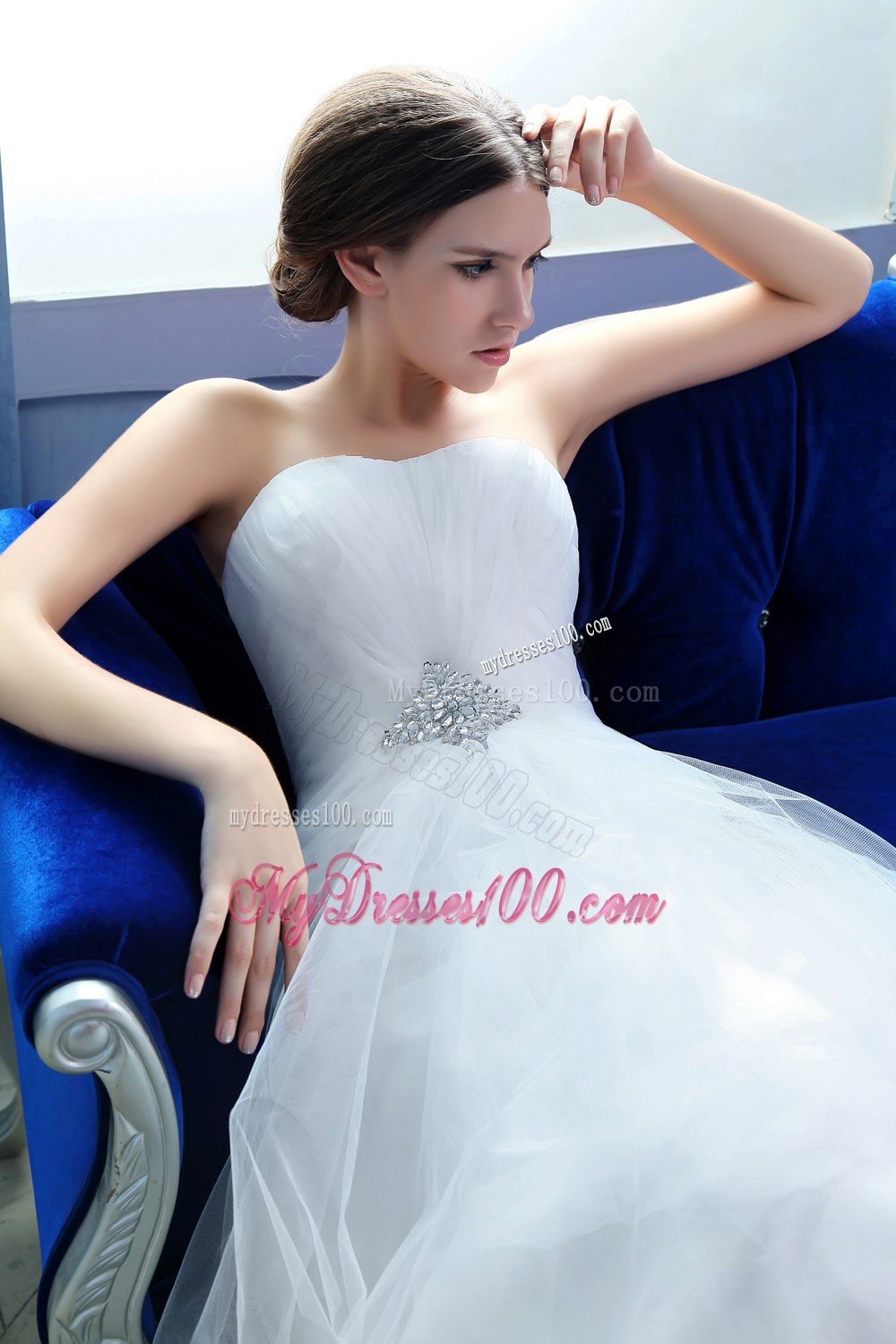 Pretty A-line Strapless Court Train Tulle Beading Wedding Dress