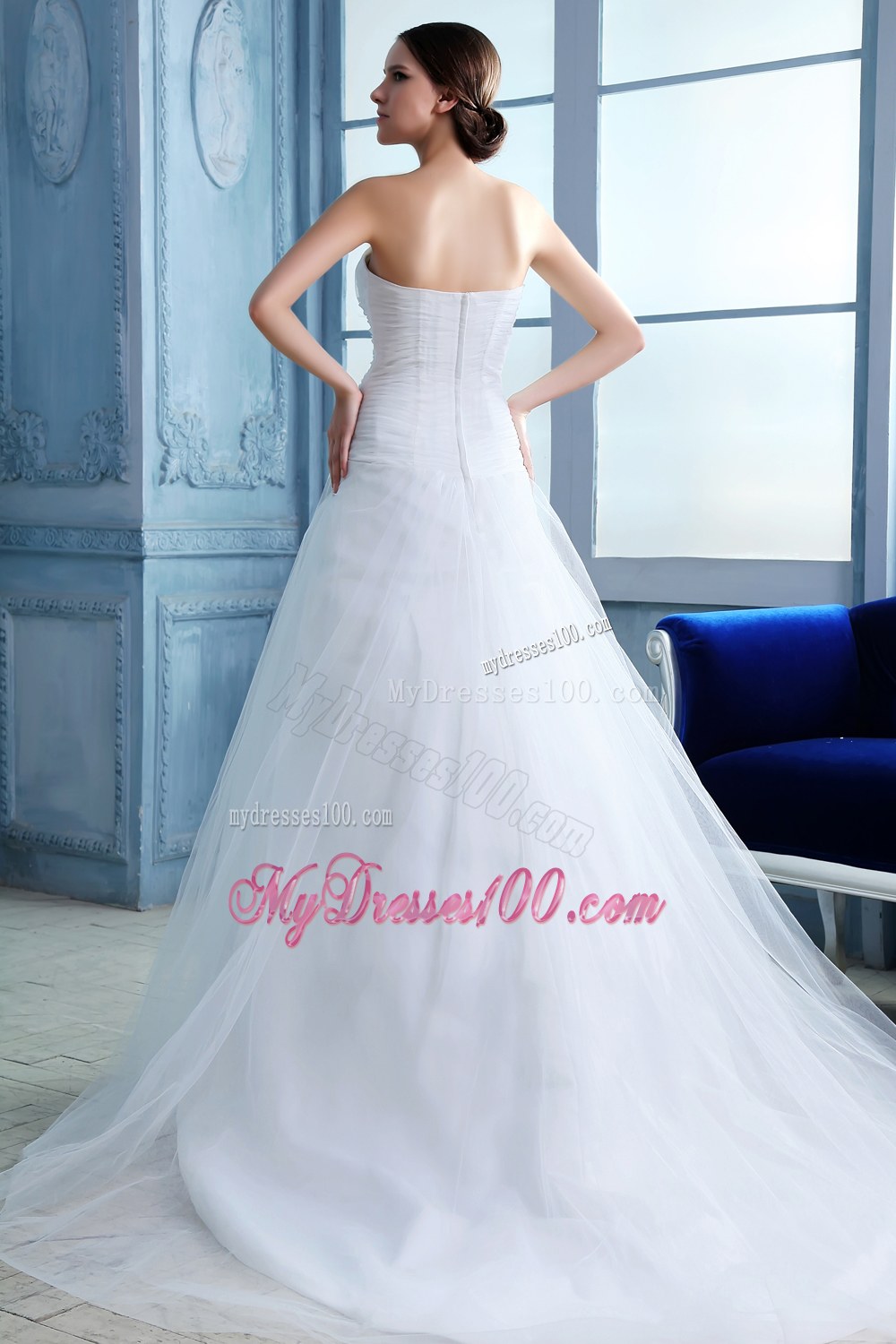 Pretty A-line Strapless Court Train Tulle Beading Wedding Dress