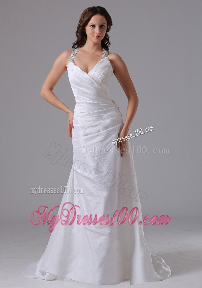 2013 Halter Ruched and Beaded Wedding Dresses with Brush Train