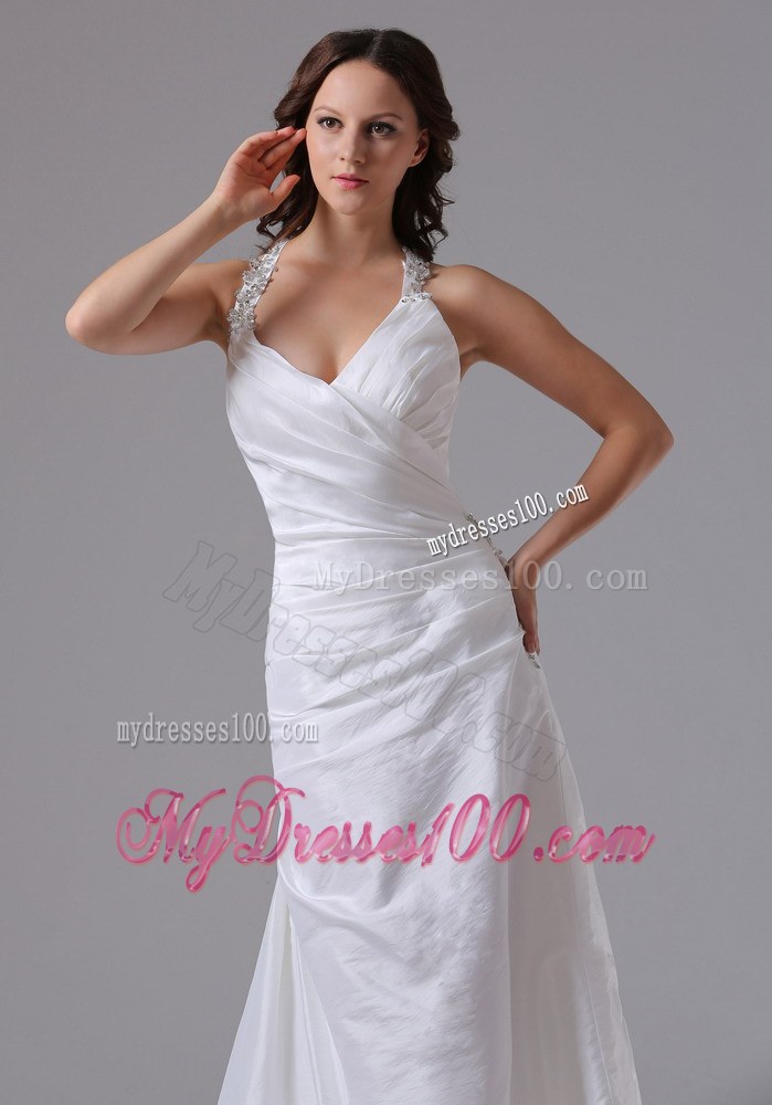 2013 Halter Ruched and Beaded Wedding Dresses with Brush Train