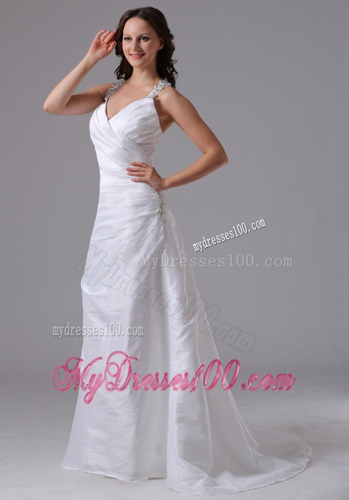 2013 Halter Ruched and Beaded Wedding Dresses with Brush Train