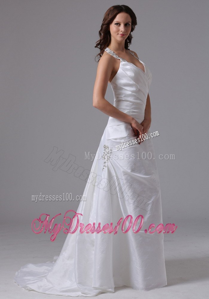 2013 Halter Ruched and Beaded Wedding Dresses with Brush Train