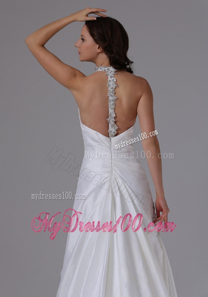 2013 Halter Ruched and Beaded Wedding Dresses with Brush Train