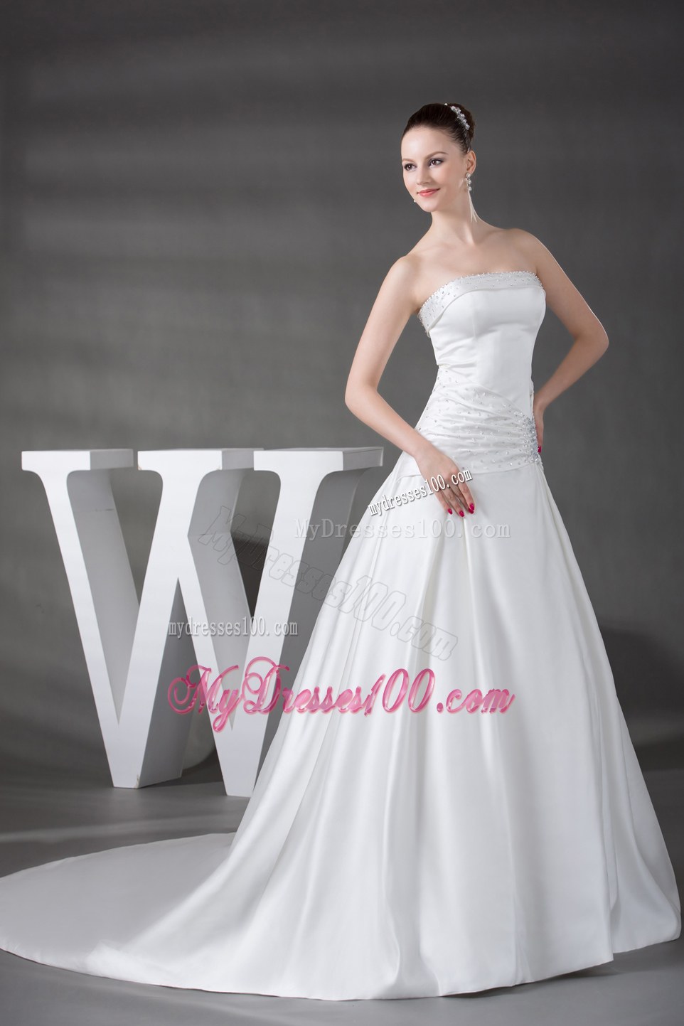 Beaded Strapless Chapel Train Elegant Wedding Dresses for 2013