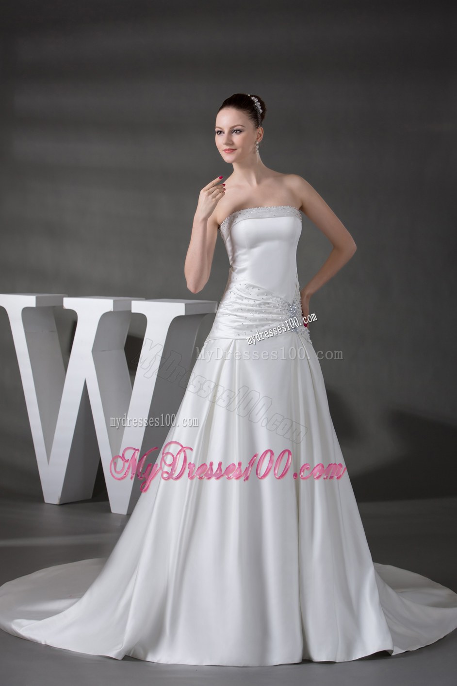 Beaded Strapless Chapel Train Elegant Wedding Dresses for 2013