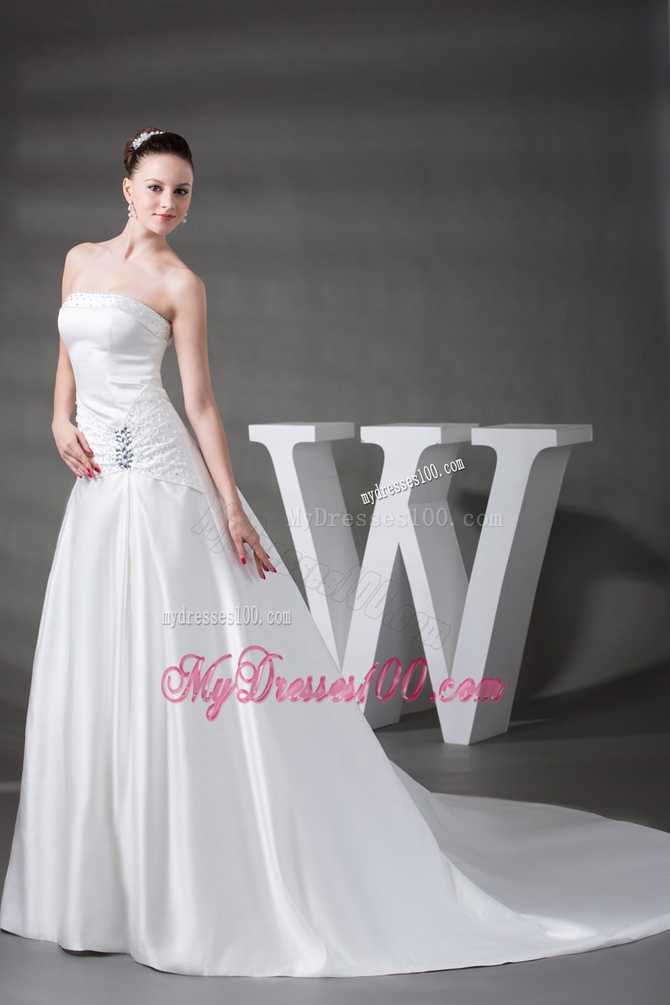 Beaded Strapless Chapel Train Elegant Wedding Dresses for 2013