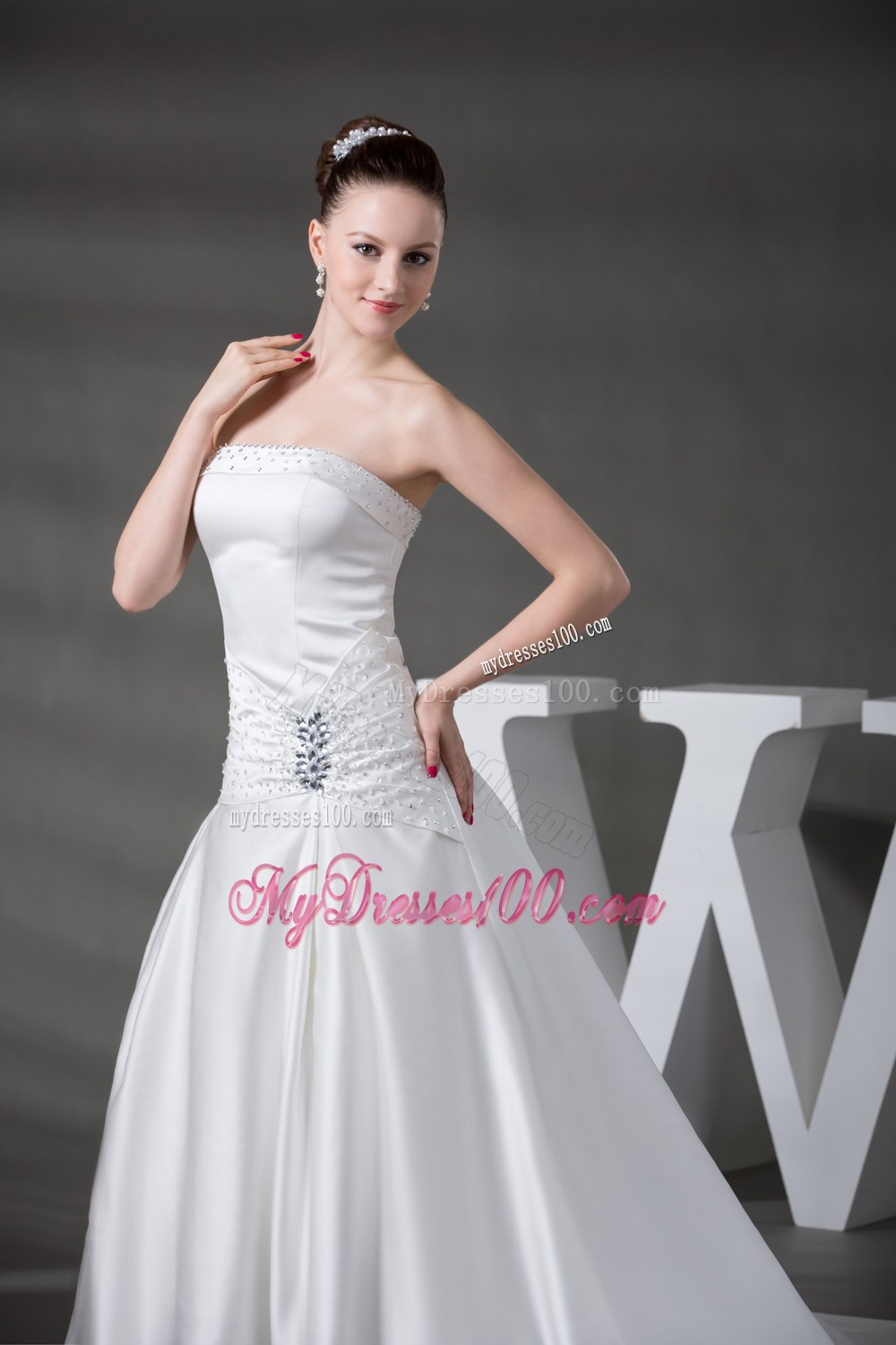 Beaded Strapless Chapel Train Elegant Wedding Dresses for 2013