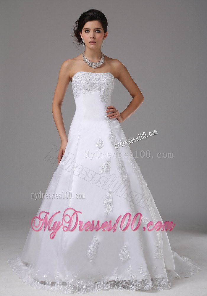 A-line Romantic Wedding Dress With Lace Strapless Brush Train