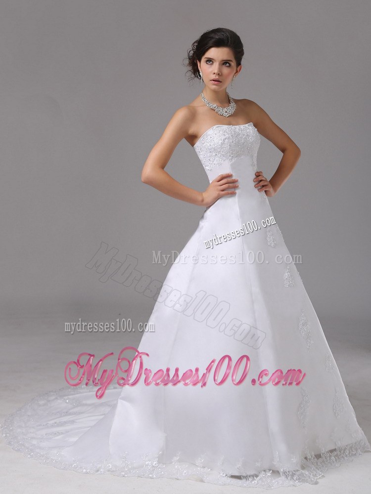 A-line Romantic Wedding Dress With Lace Strapless Brush Train