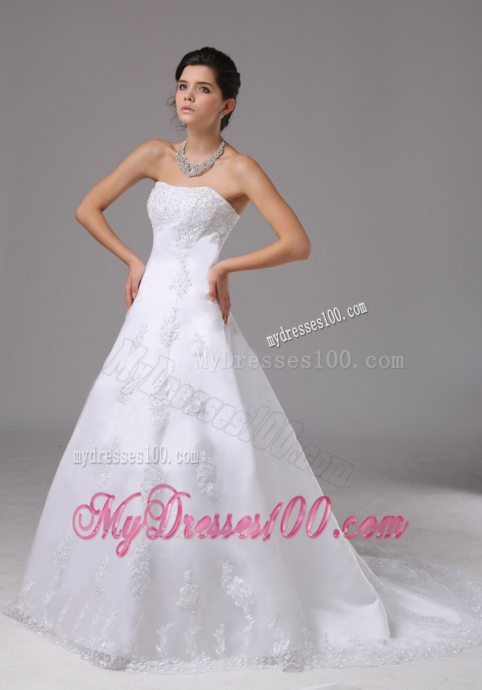 A-line Romantic Wedding Dress With Lace Strapless Brush Train