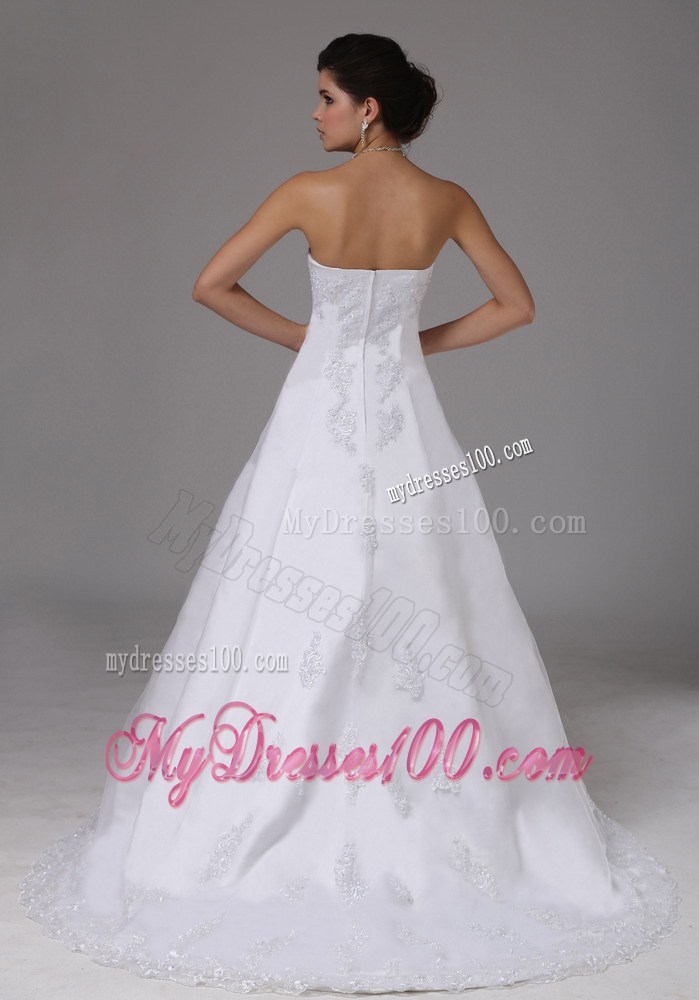 A-line Romantic Wedding Dress With Lace Strapless Brush Train