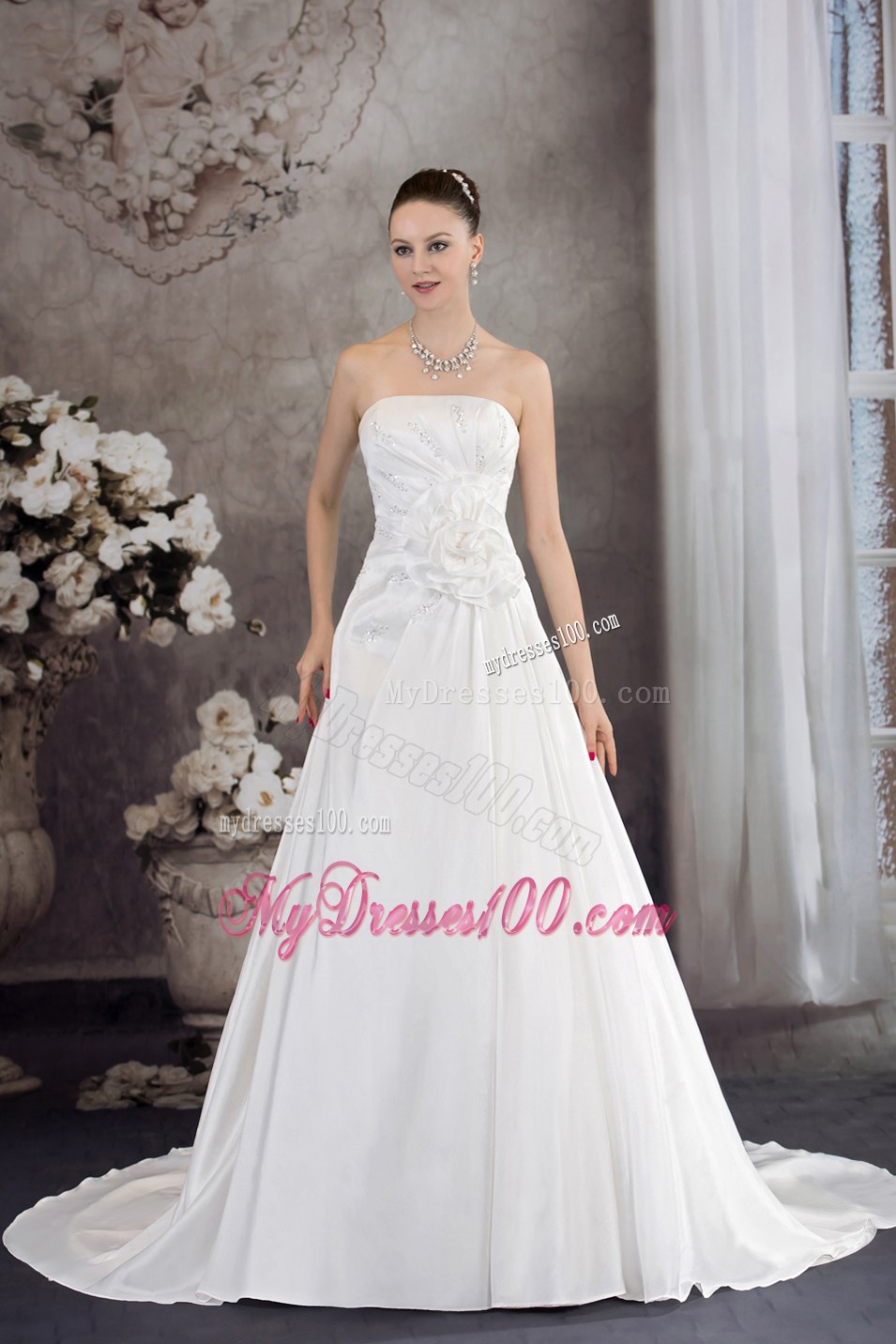 Strapless Hand Made Flower Appliques Court Train Wedding Dresses