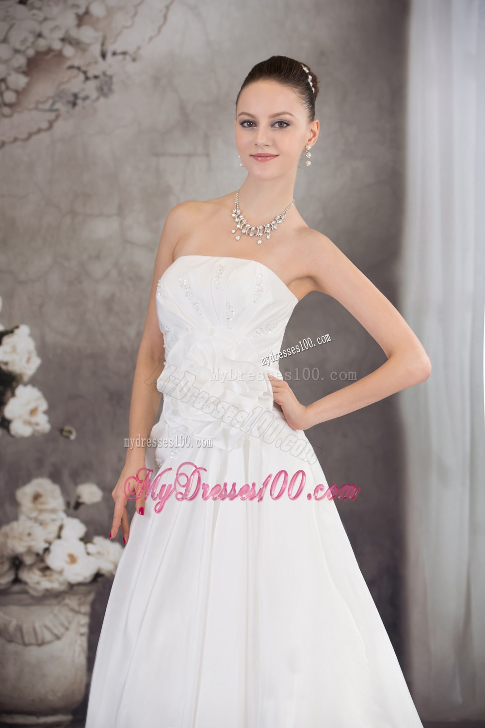 Strapless Hand Made Flower Appliques Court Train Wedding Dresses