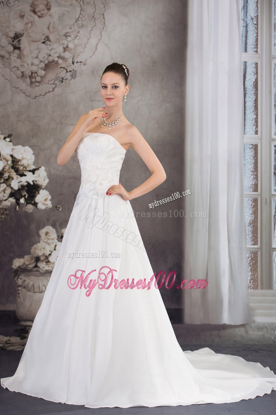 Strapless Hand Made Flower Appliques Court Train Wedding Dresses