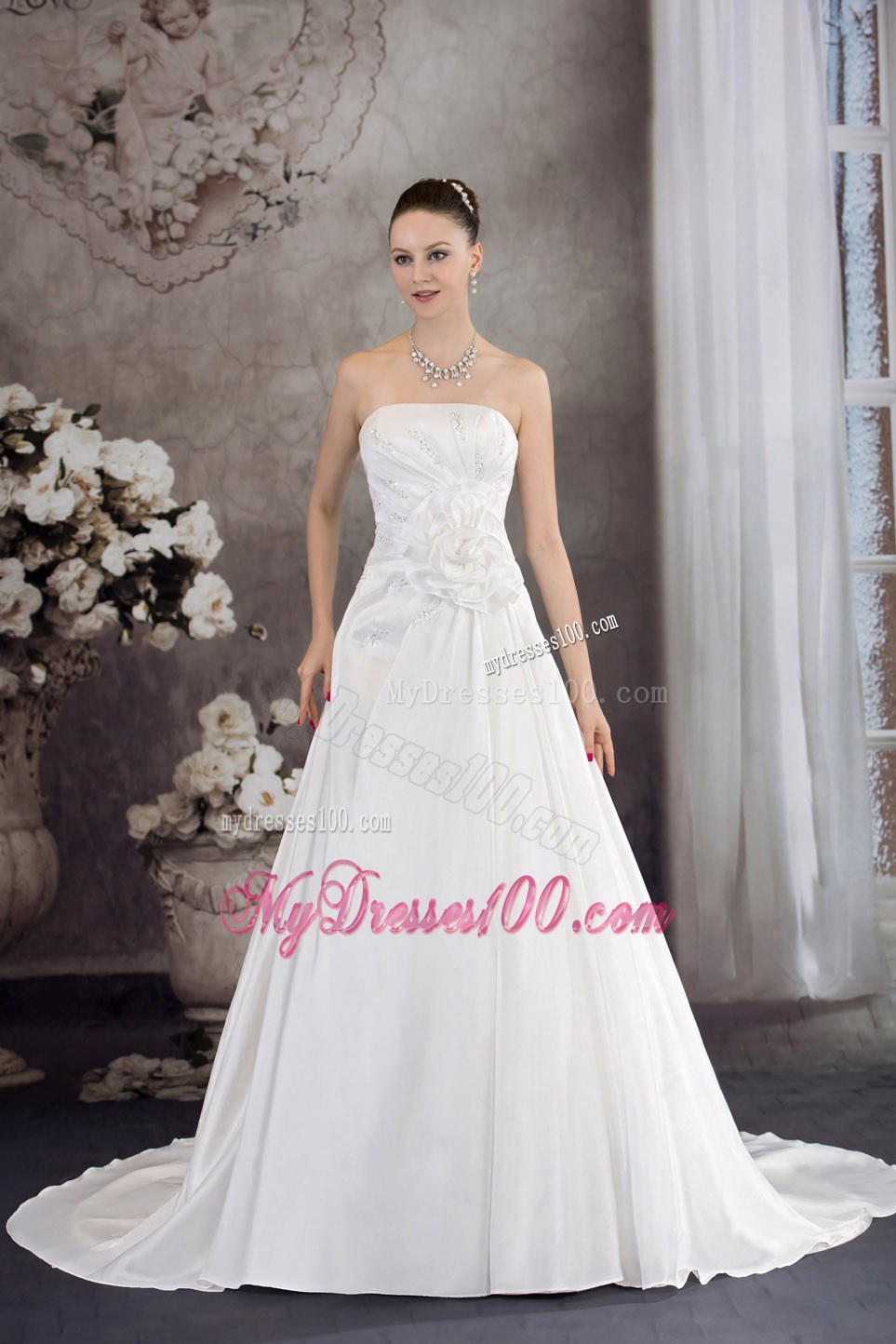 Strapless Hand Made Flower Appliques Court Train Wedding Dresses
