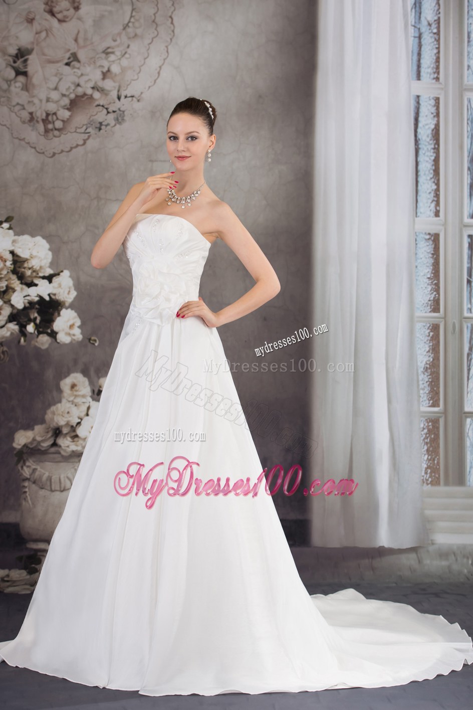 Strapless Hand Made Flower Appliques Court Train Wedding Dresses