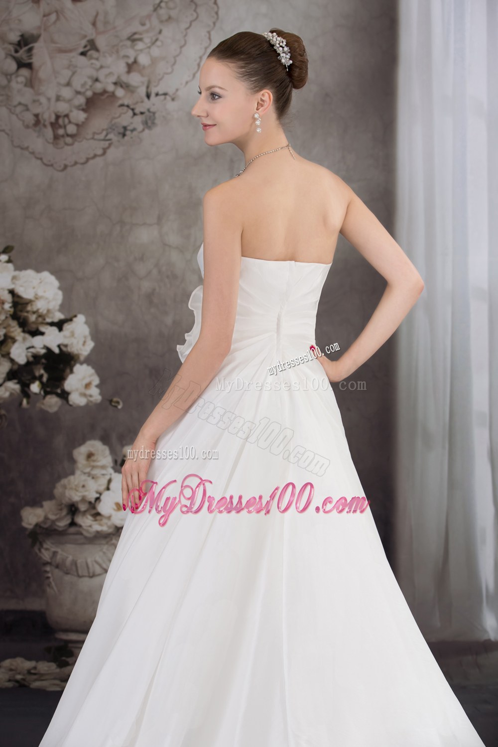 Strapless Hand Made Flower Appliques Court Train Wedding Dresses