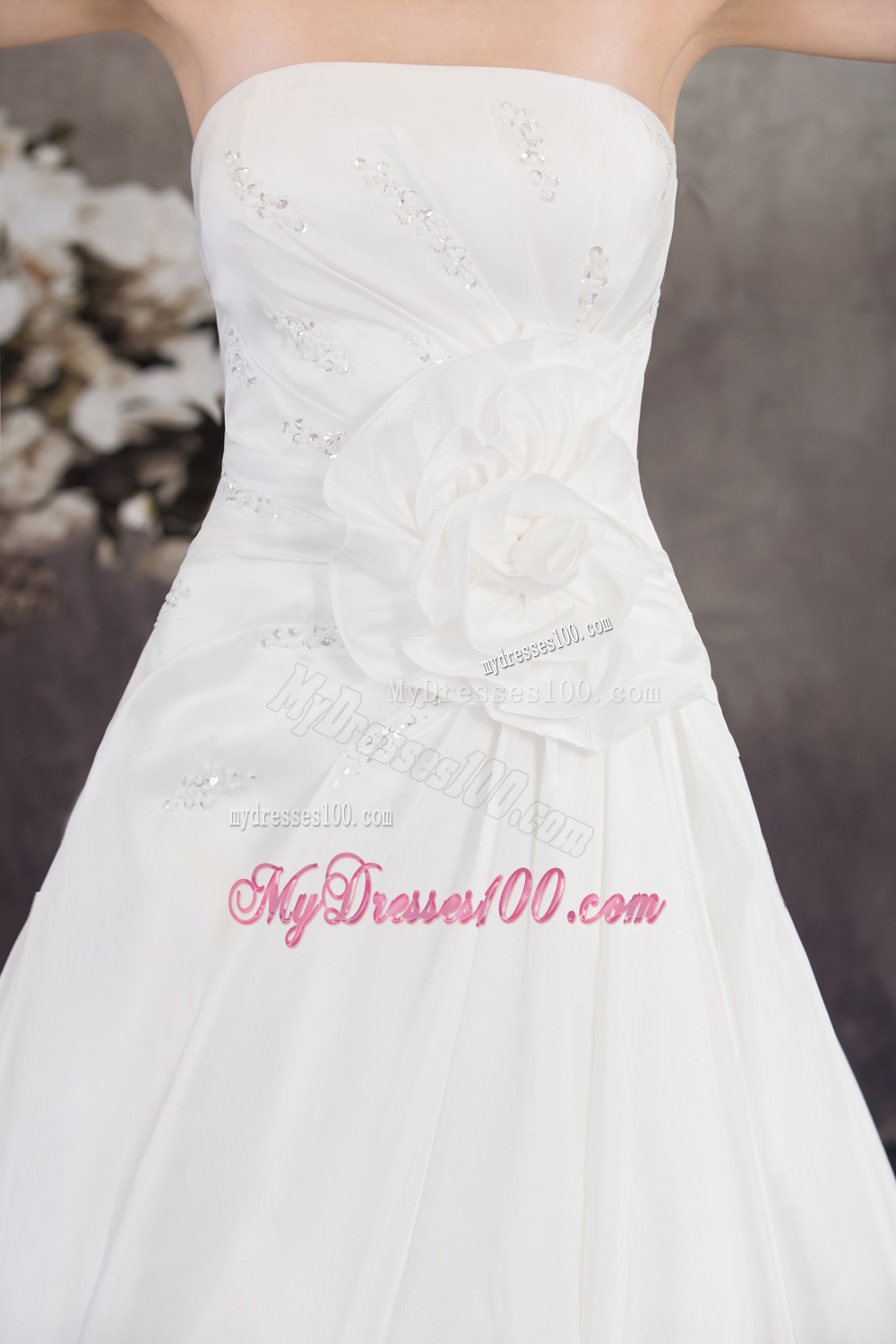 Strapless Hand Made Flower Appliques Court Train Wedding Dresses