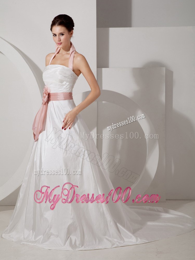 Halter Court Train Ruched Wedding Dresses with Pink Flower Belt