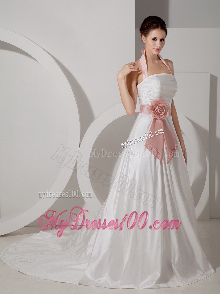 Halter Court Train Ruched Wedding Dresses with Pink Flower Belt