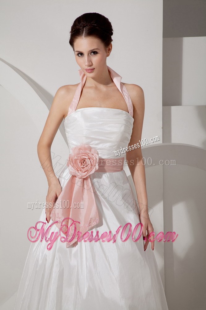Halter Court Train Ruched Wedding Dresses with Pink Flower Belt