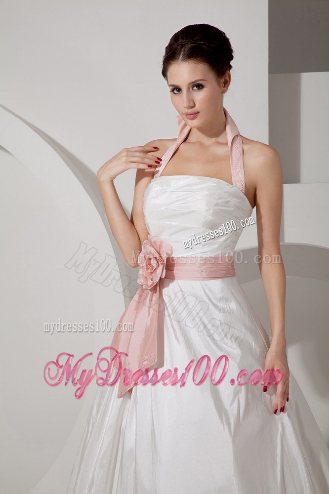 Halter Court Train Ruched Wedding Dresses with Pink Flower Belt