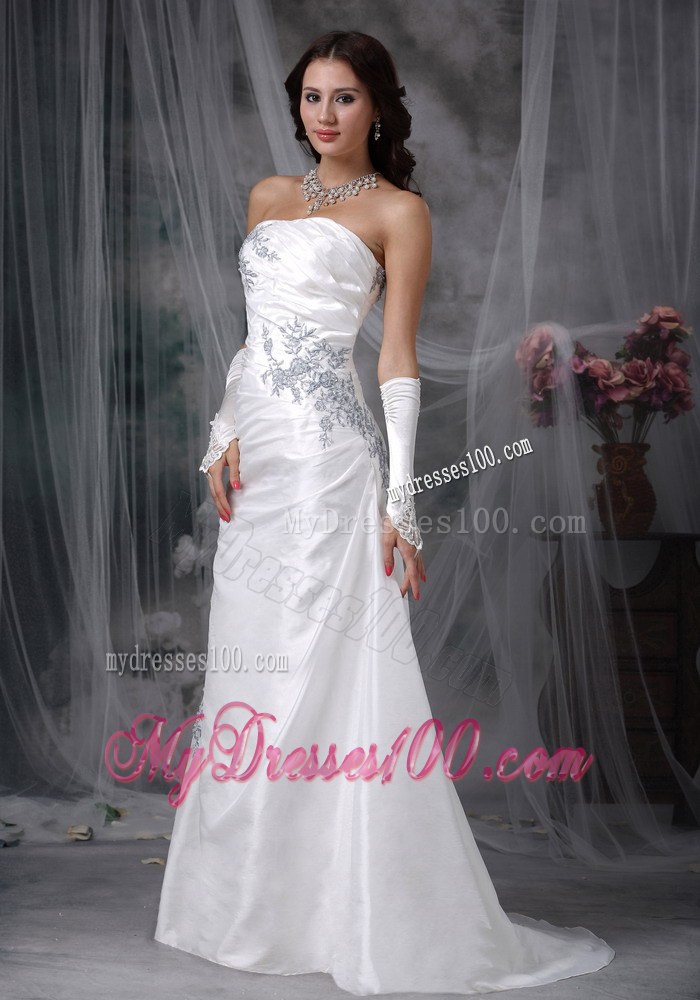 Affordable Brush Train Wedding Gowns with Appliques and Ruching