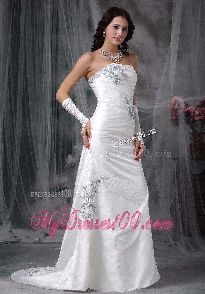 Affordable Brush Train Wedding Gowns with Appliques and Ruching