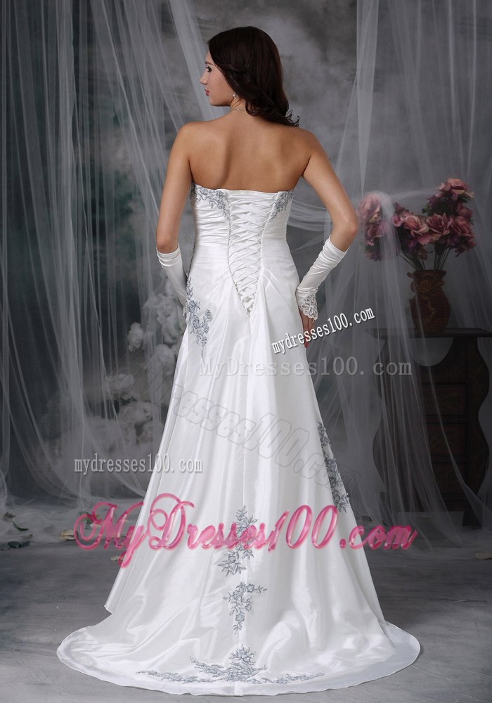 Affordable Brush Train Wedding Gowns with Appliques and Ruching