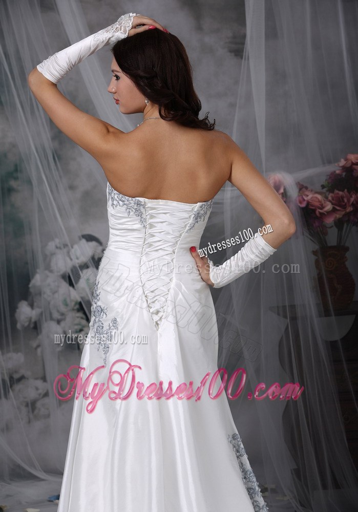 Affordable Brush Train Wedding Gowns with Appliques and Ruching