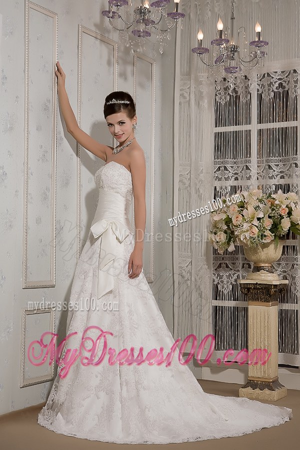 Affordable Strapless Court Train Lace Bowknot Wedding Dress for 2013