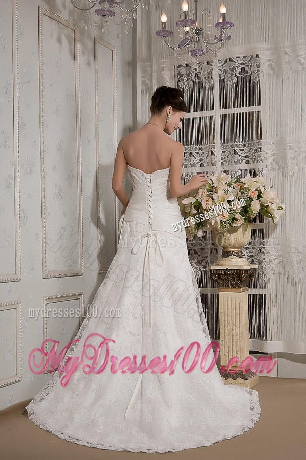 Affordable Strapless Court Train Lace Bowknot Wedding Dress for 2013