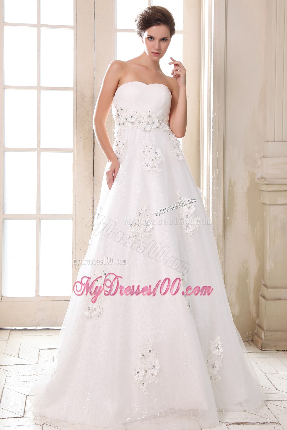 Affordable Brush Train Wedding Dress with Beading and Appliques