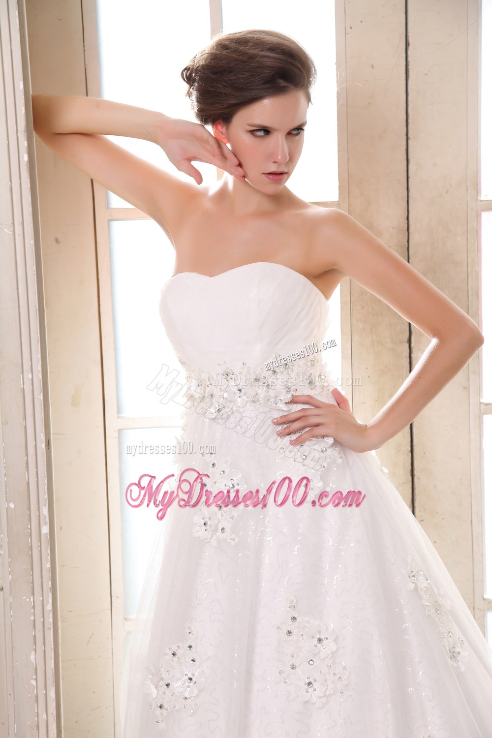 Affordable Brush Train Wedding Dress with Beading and Appliques