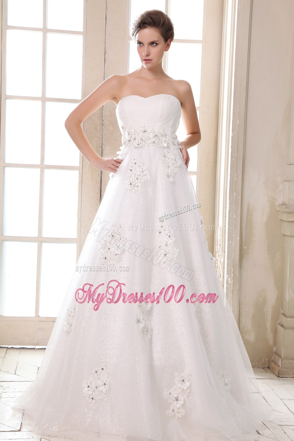 Affordable Brush Train Wedding Dress with Beading and Appliques