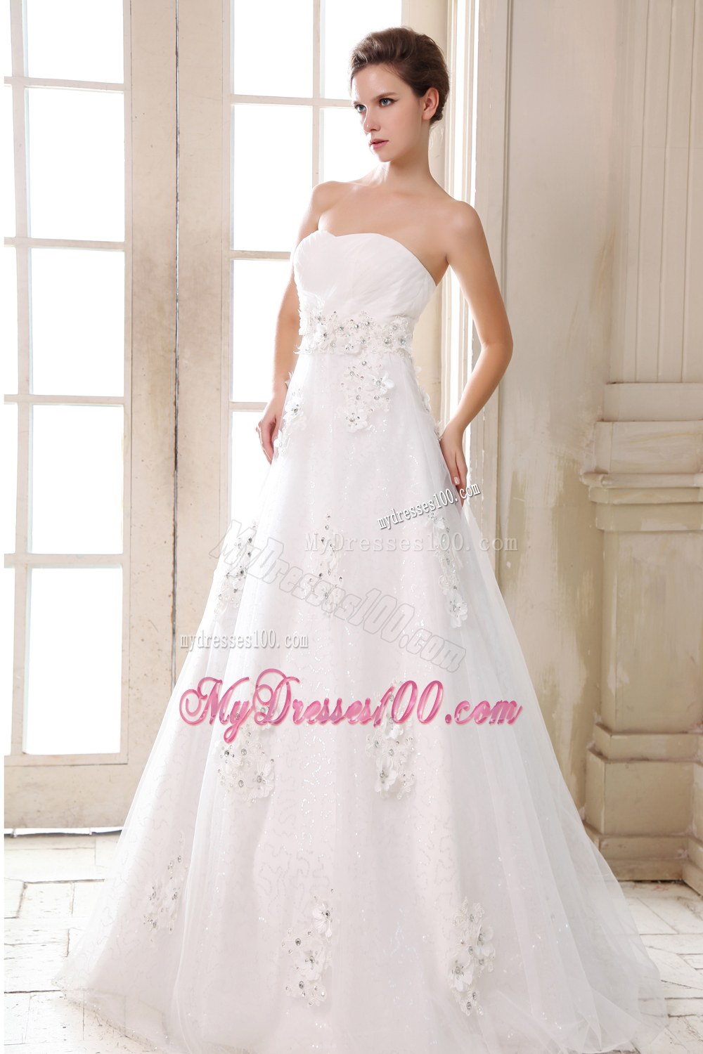 Affordable Brush Train Wedding Dress with Beading and Appliques